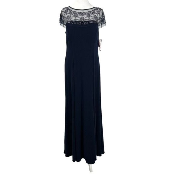 R&M RICHARDS Long Dress with Sheer Beaded Neck and Shoulder Size 10 Navy Blue - Picture 2 of 16